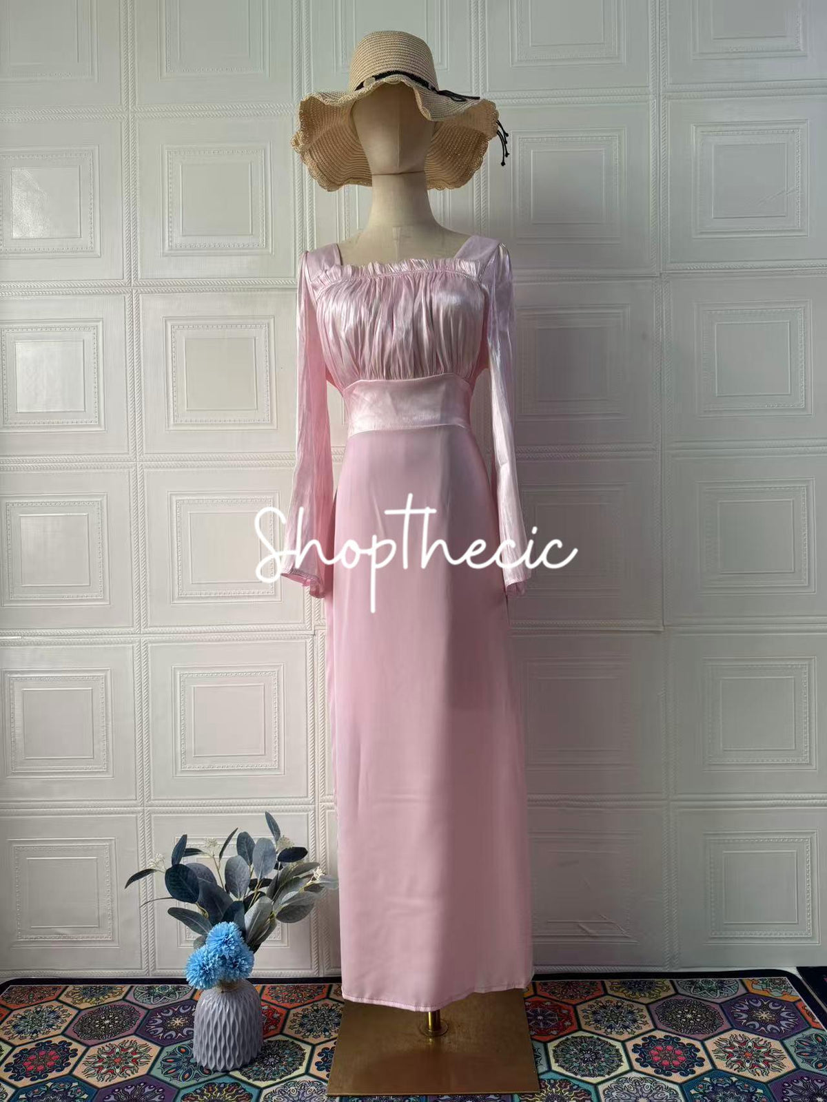 Square neckline patchwork pleated silk bell sleeve bodycon dress