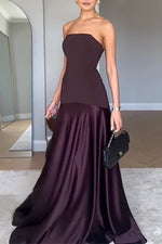 Solid color strapless satin hem stitching long dress