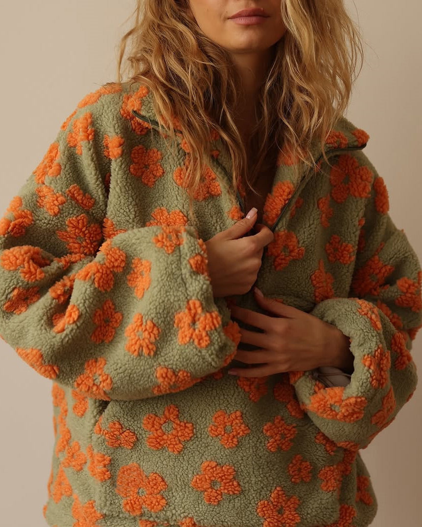 Faux Sherpa Print Kangaroo Pocket Loose Zip Top