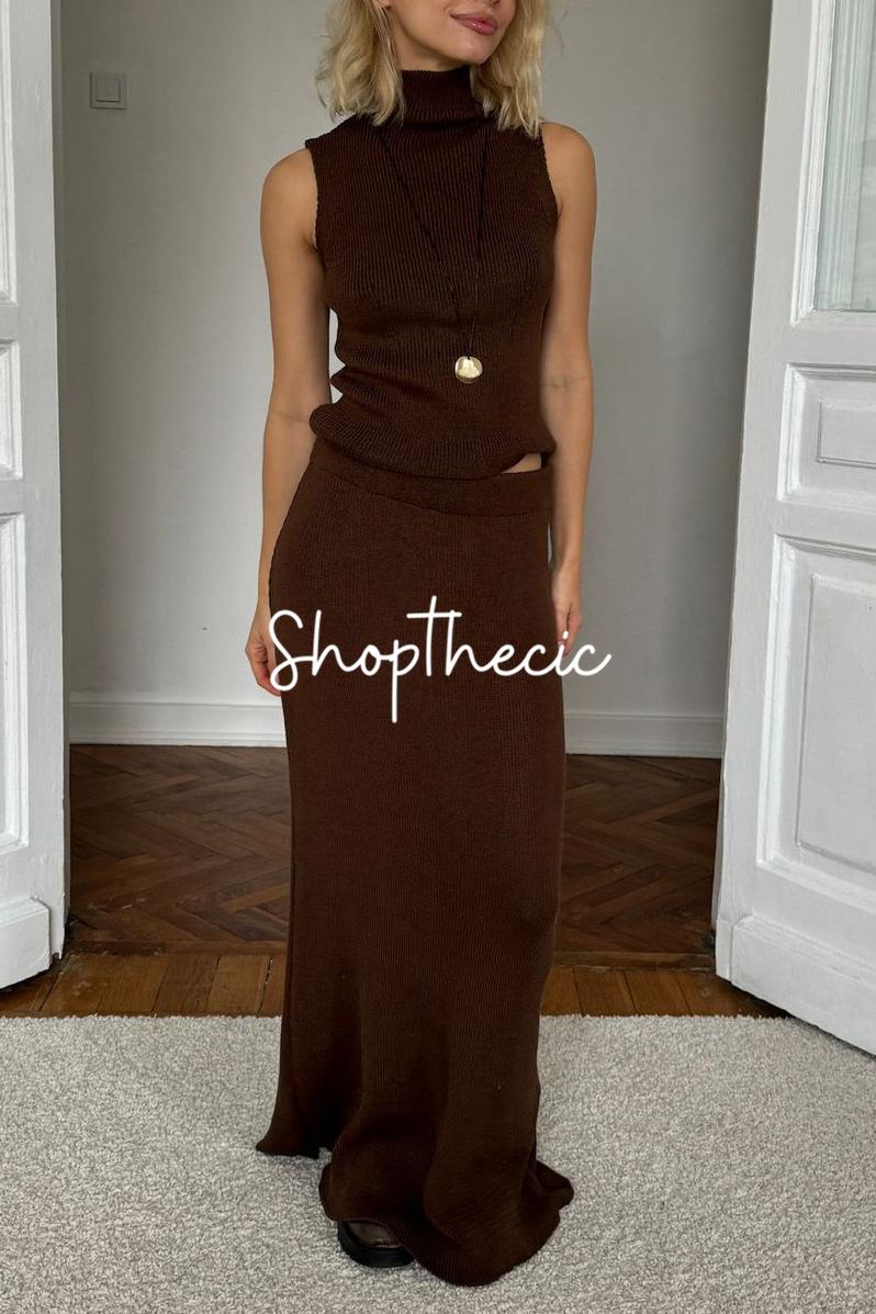 Sleeveless turtleneck knitted vest bodycon maxi skirt set