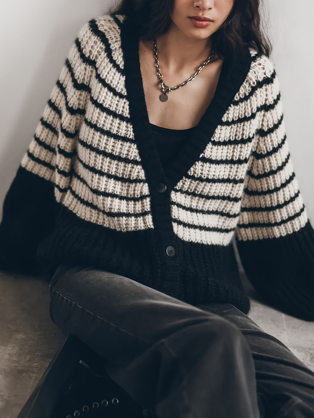 Cozy Loose black and white striped knitted cardigan