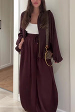 Lantern-sleeve zipper jacket and elastic waistband wide-leg pants two-piece set