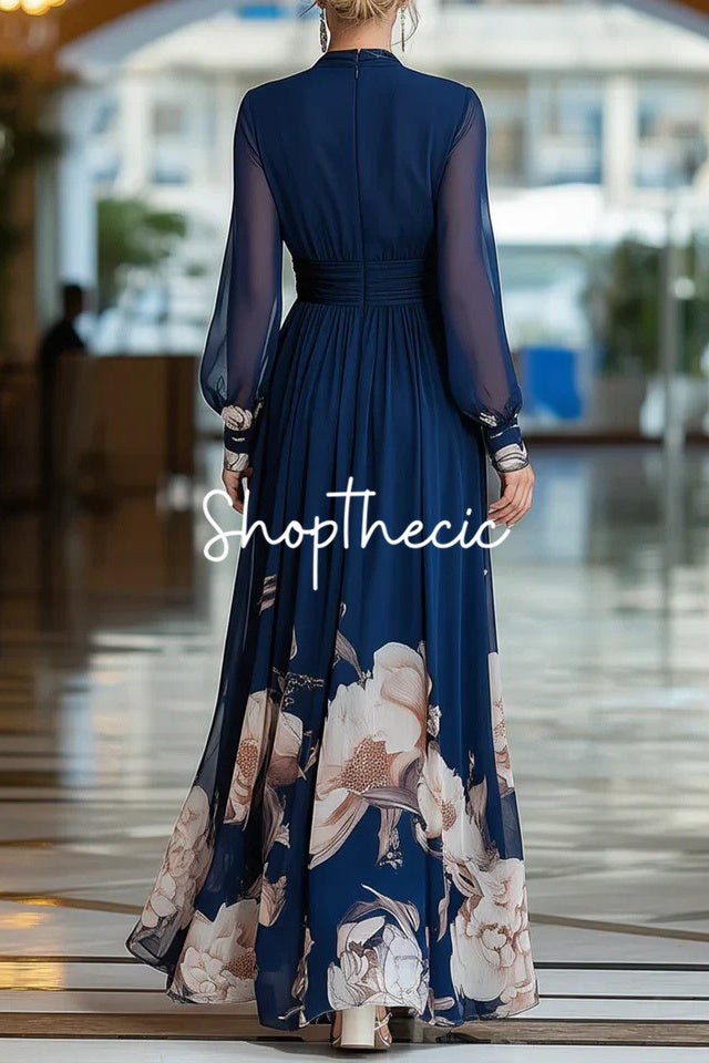 Blue long-sleeved v-neck chiffon print maxi dress