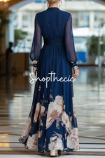 Blue long-sleeved v-neck chiffon print maxi dress