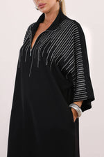 Rhinestone three-quarter sleeves loose-fitting stand-up collar slit dress