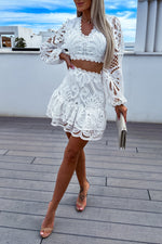 Hollow embroidered cropped long-sleeved top and skirt two-piece set