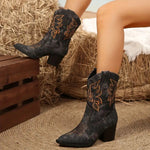 Western cowboy pointed toe slip-on chunky heel ankle boots