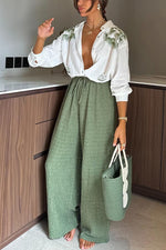 Printed long-sleeved single-breasted top and wide-leg pants suit