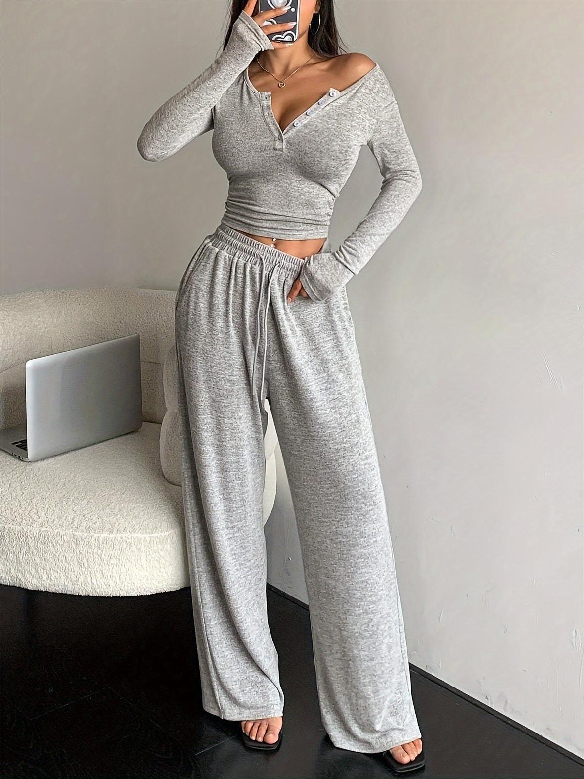 V-neck button Long-sleeved T-shirt and Wide-leg Pants Suit