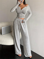 V-neck button Long-sleeved T-shirt and Wide-leg Pants Suit