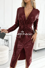 Elegant long-sleeved V-neck pleated sequined slit dress