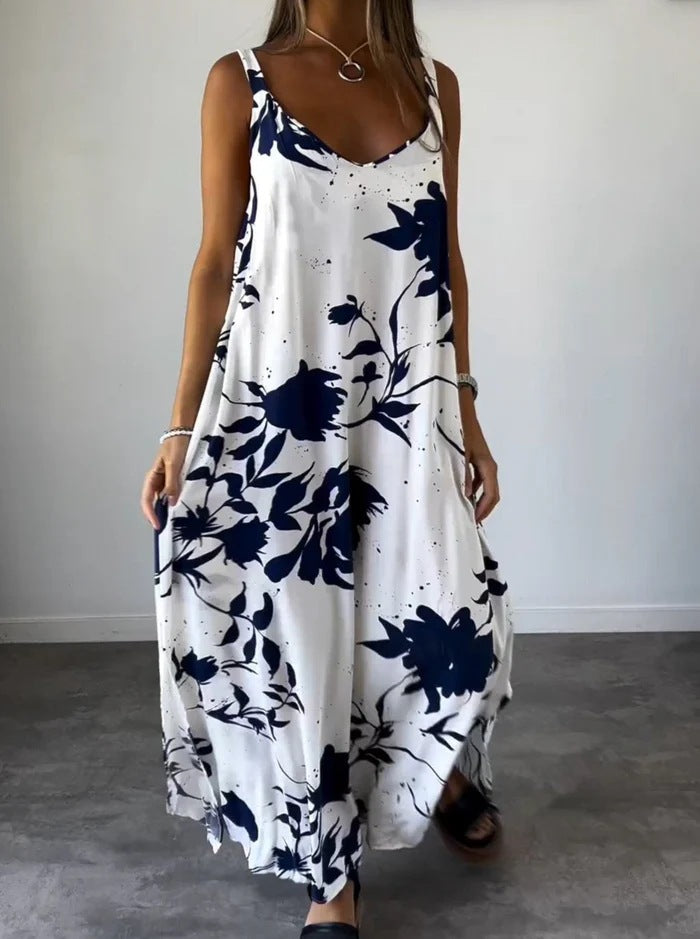Retro Printed Halter V-Neck Dress