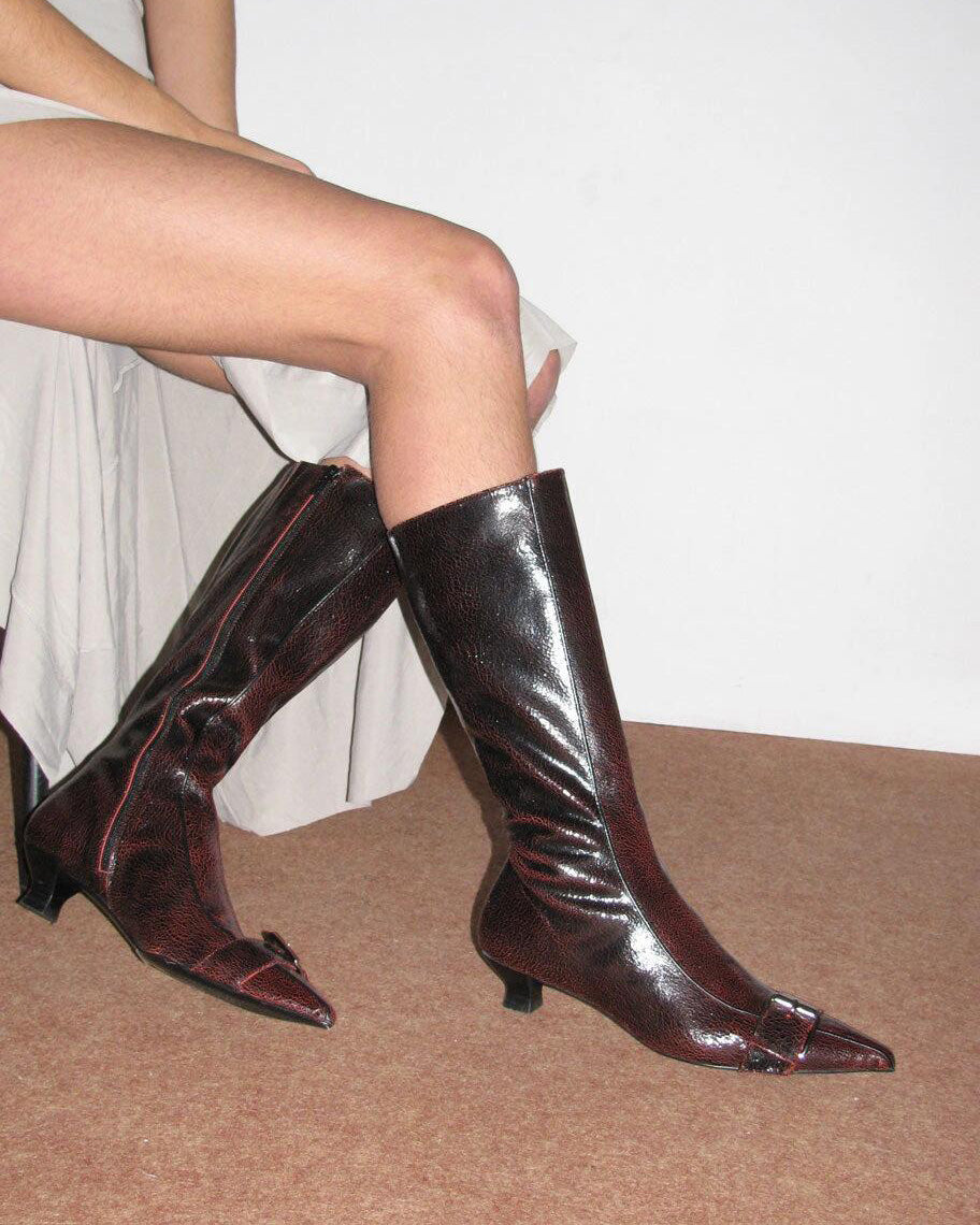 Genuine leather vintage belt buckle Chunky heel pointed toe side zipper boots