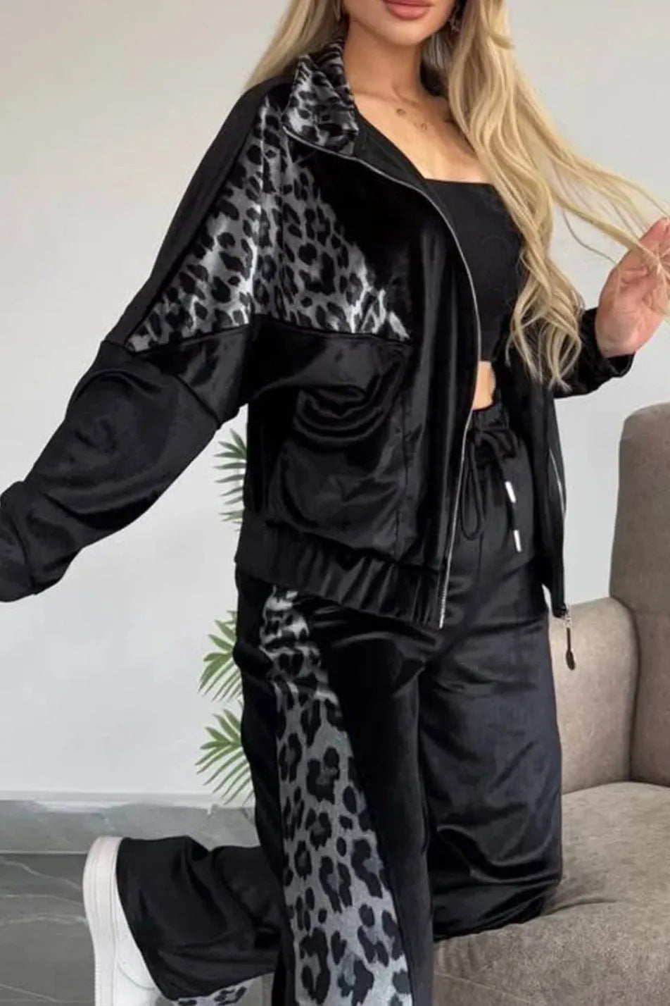 Suede leopard print contrast long-sleeved jacket and wide-leg pants two-piece set