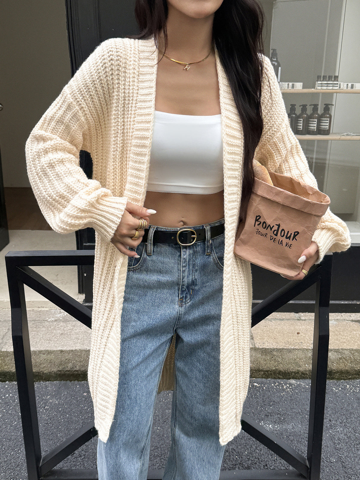 Oversized Chunky Knit Lantern-sleeved long cardigan