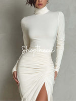 Clean Girl Luxury white turtleneck pleated slit midi dress