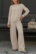 Khaki simple knitted top, vest and trousers three-piece set