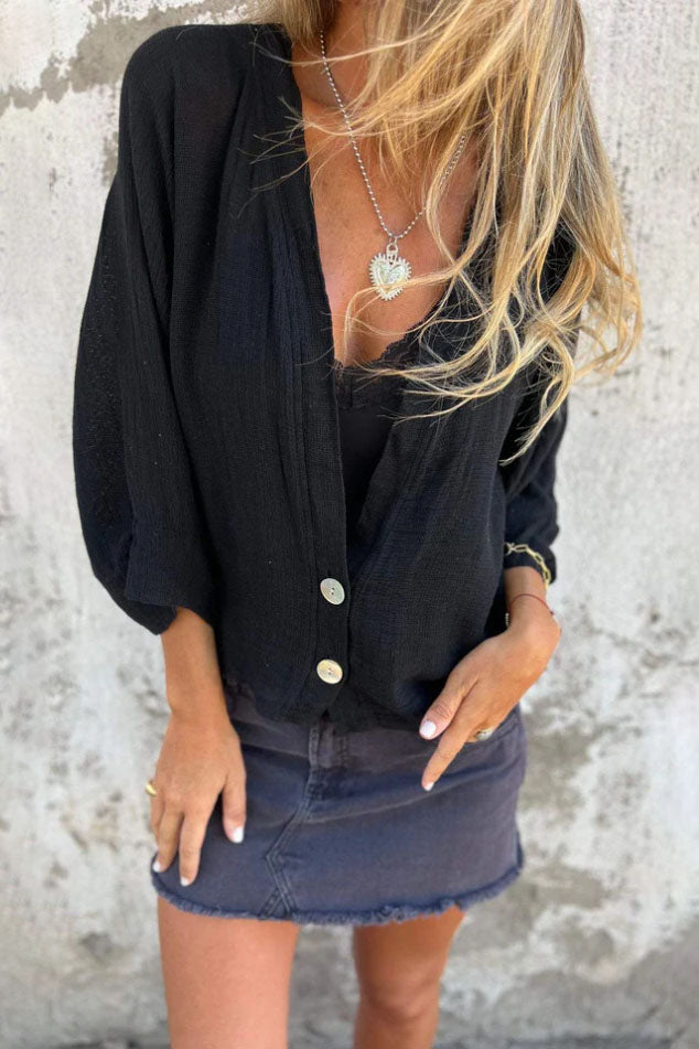 Low-cut V-neck button-down cotton and linen shirt