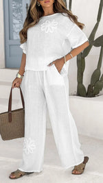 Embroidered cotton and linen short sleeved top and pants two-piece set