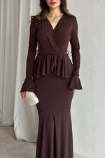 Solid color long-sleeved V-neck lace strappy hip Maxi dress
