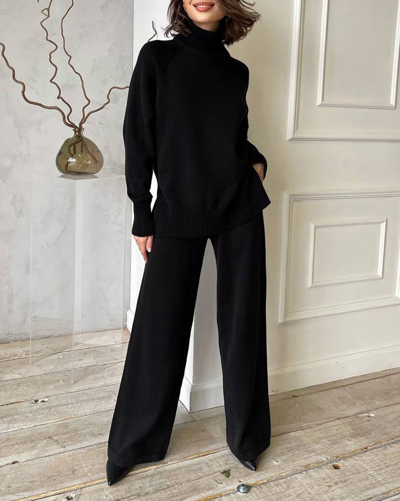 Solid color turtleneck knitted sweater and wide-leg trousers two-piece suit