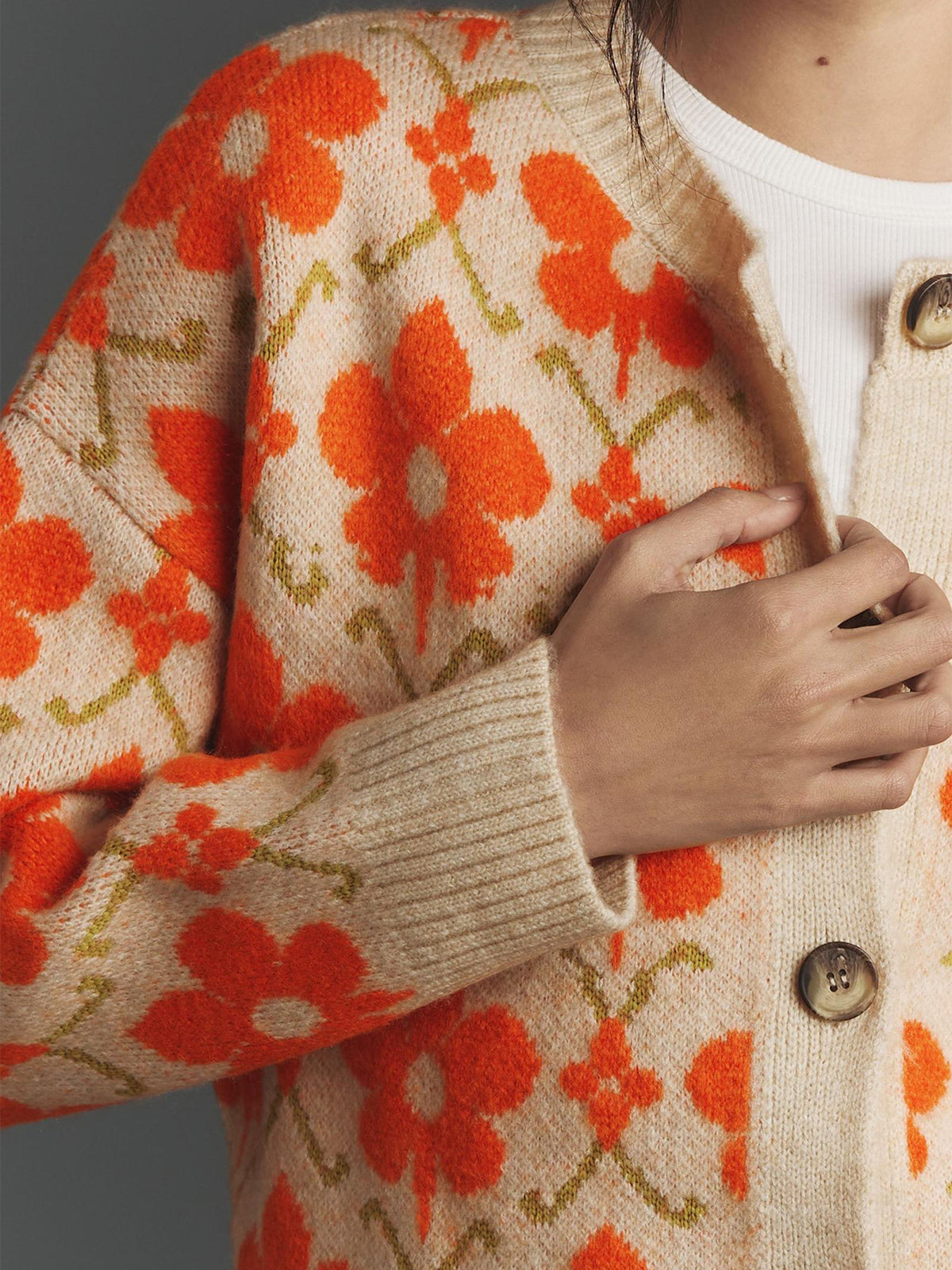 Elegant button long-sleeved floral jacquard knit cardigan jacket