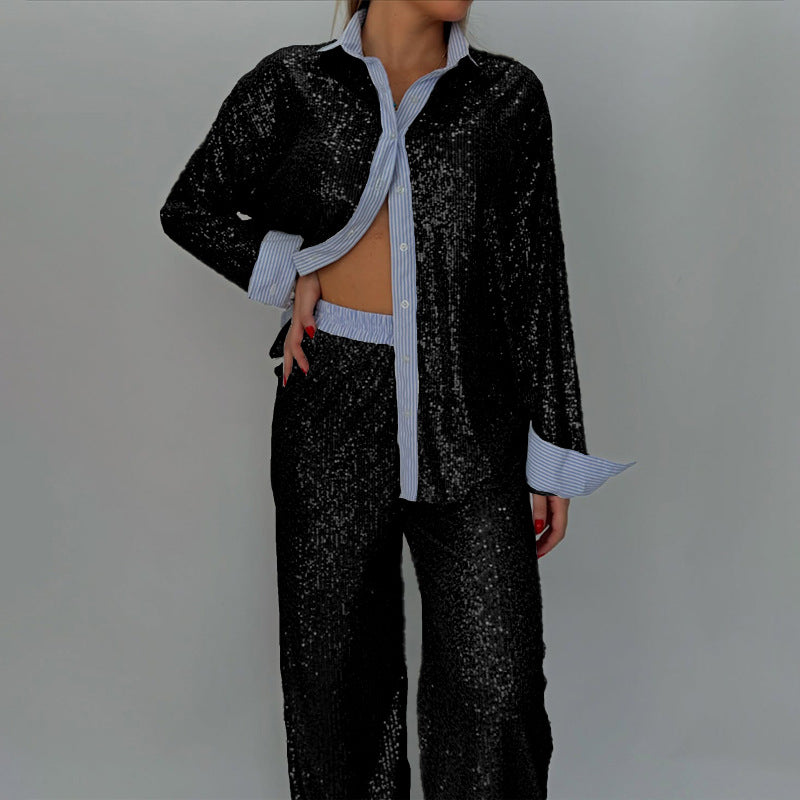 Loose casual sequined suit jacket and wide-leg pants two-piece suit
