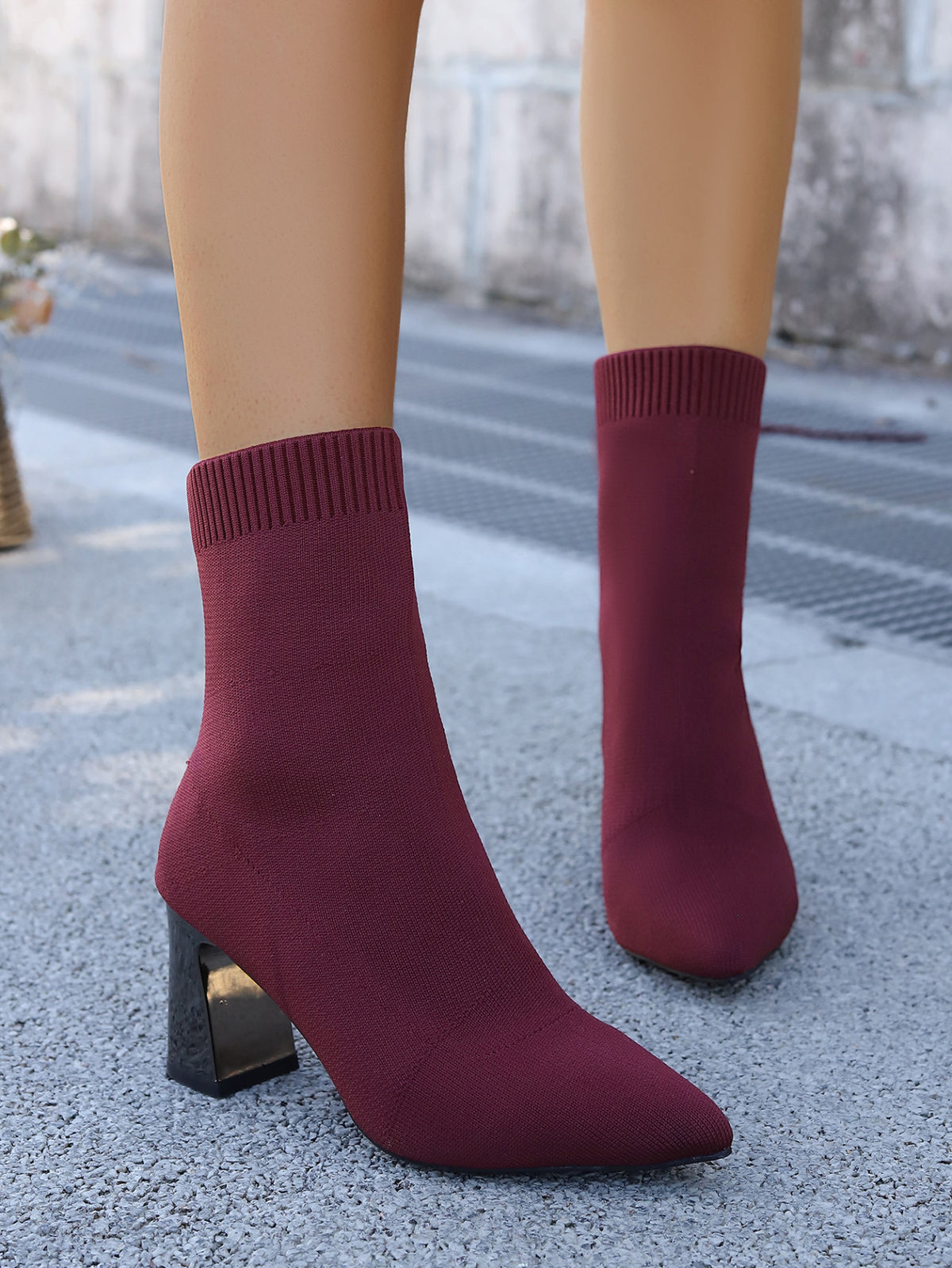 Metropolitan Pointed toe chunky heel knitted sock boots