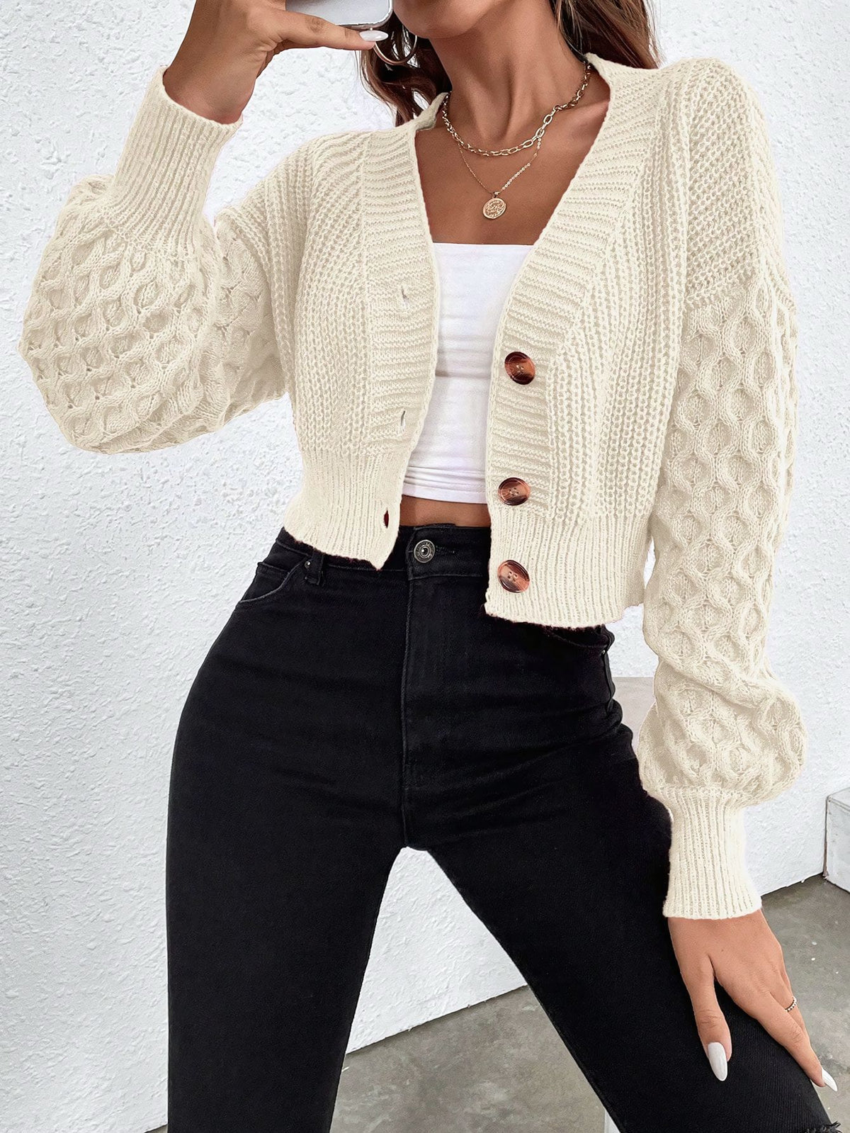 V-neck drop shoulder sleeve button-down cropped knitted cardigan