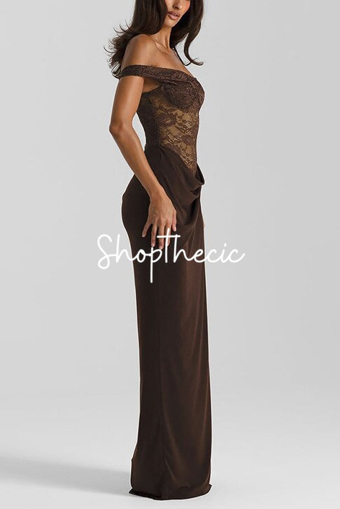 One-shoulder lace-trimmed fitted maxi dress