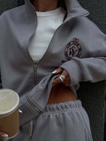 Embroidered zipper lapel sweatshirt and straight-leg trousers two-piece set