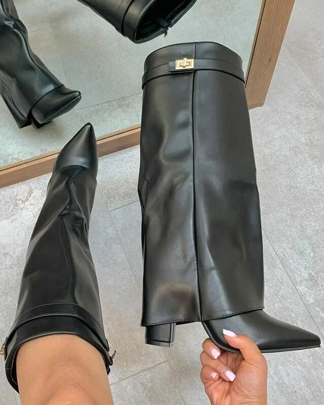 Pointed toe block heel wide circumference metal buckle mid-calf wide-leg slouch boots