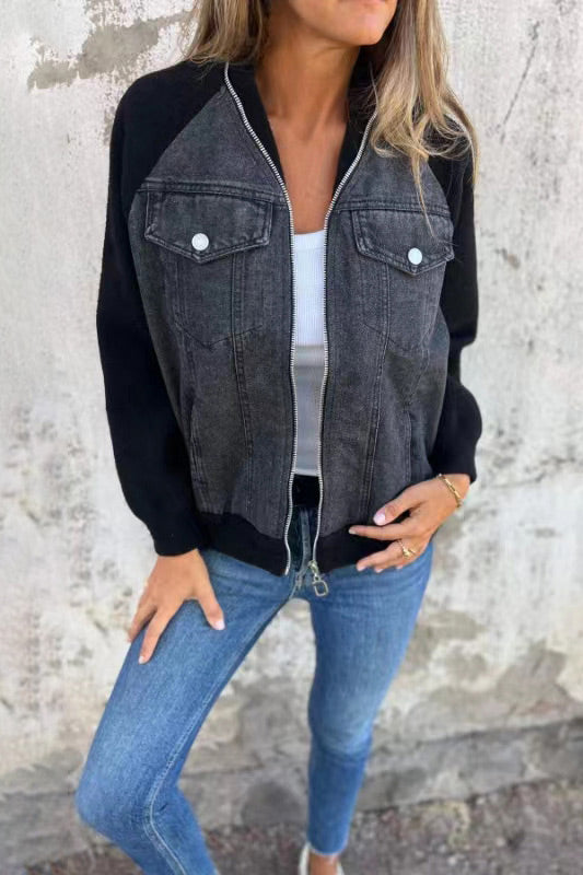 Zippered denim paneled sweatshirt jacket