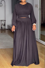 Round neck long-sleeved top elastic waist pleated skirt two-piece set