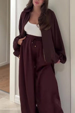 Lantern-sleeve zipper jacket and elastic waistband wide-leg pants two-piece set