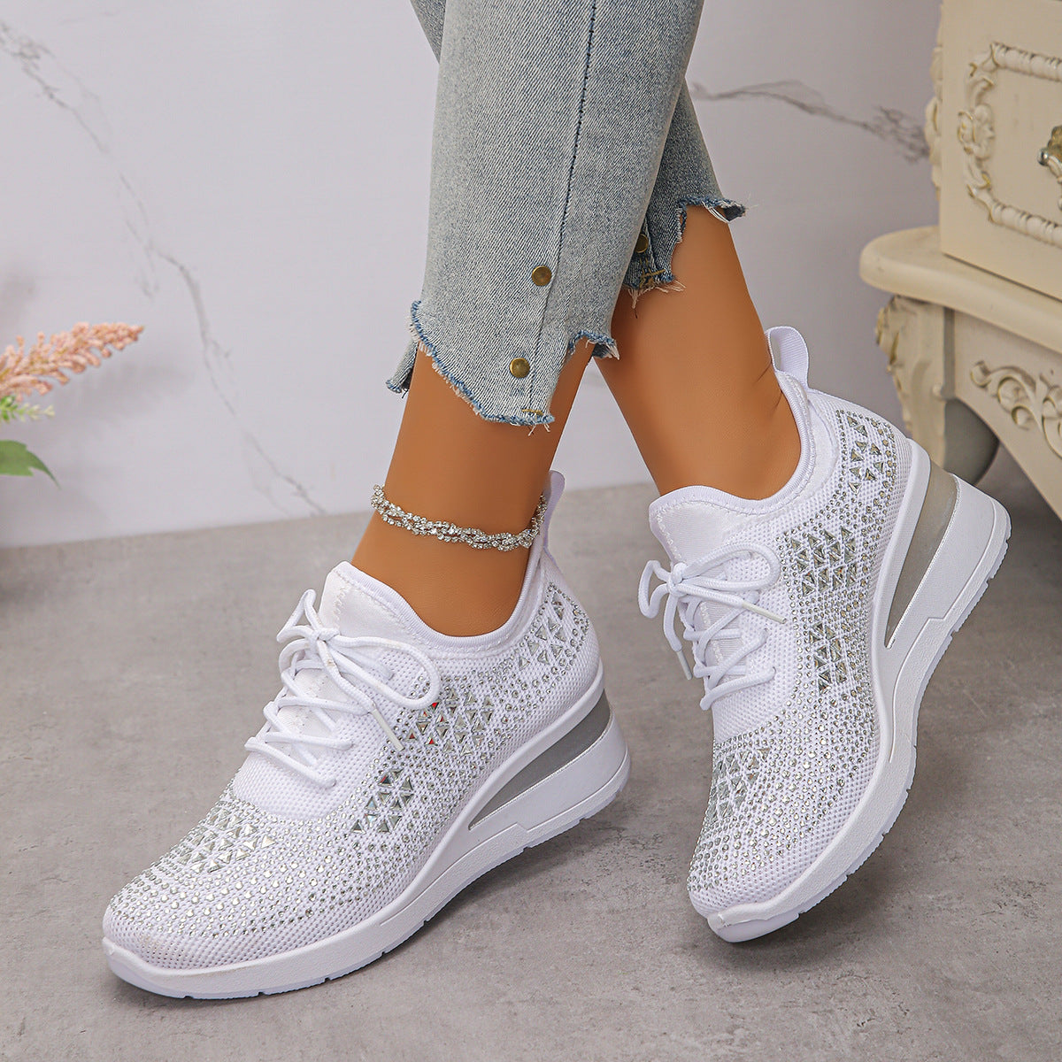 Rhinestones Woven Upper Hidden Heel lightweight walking shoes