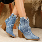 Distressed frayed denim chunky heel ankle boots