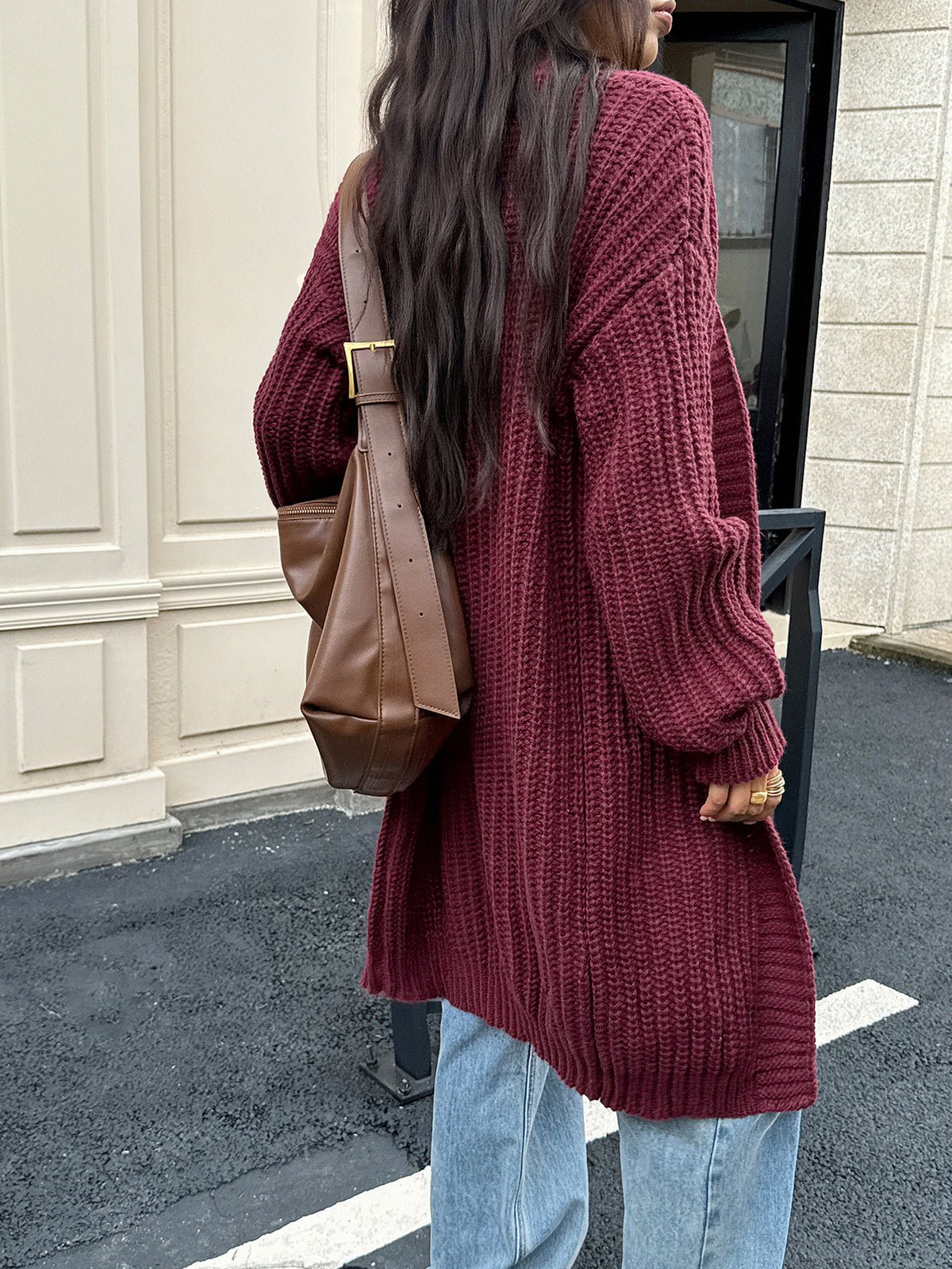 Oversized Chunky Knit Lantern-sleeved long cardigan