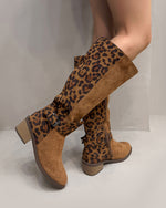 Suede upper with leopard back round toe thick heel boots