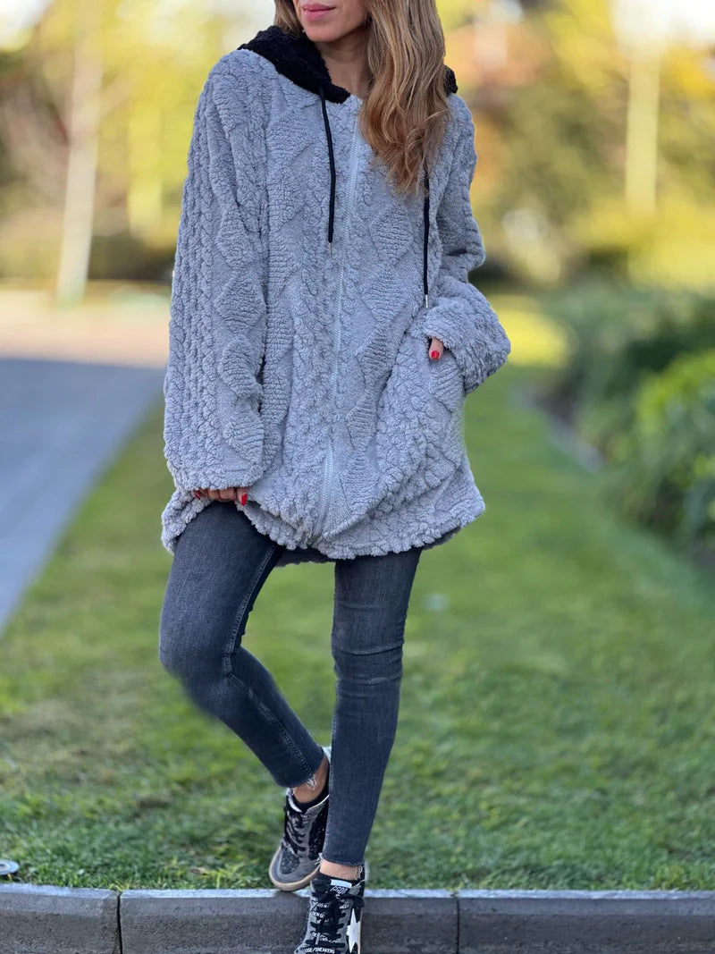 Mittellange Vintage-Strickjacke mit Kapuze und Reißverschluss