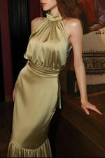 Champagne satin sleeveless high-neck open-back slim dress