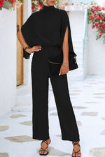 Stand collar slit three-quarter sleeve jumpsuit