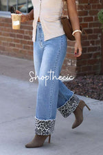 Leopard print rolled-up hem loose straight leg jeans