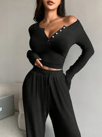 V-neck button Long-sleeved T-shirt and Wide-leg Pants Suit