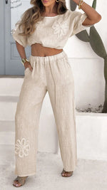 Embroidered cotton and linen short sleeved top and pants two-piece set