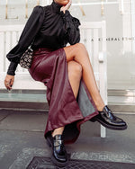 Wine Red Faux Leather Long Split Midi Skirt