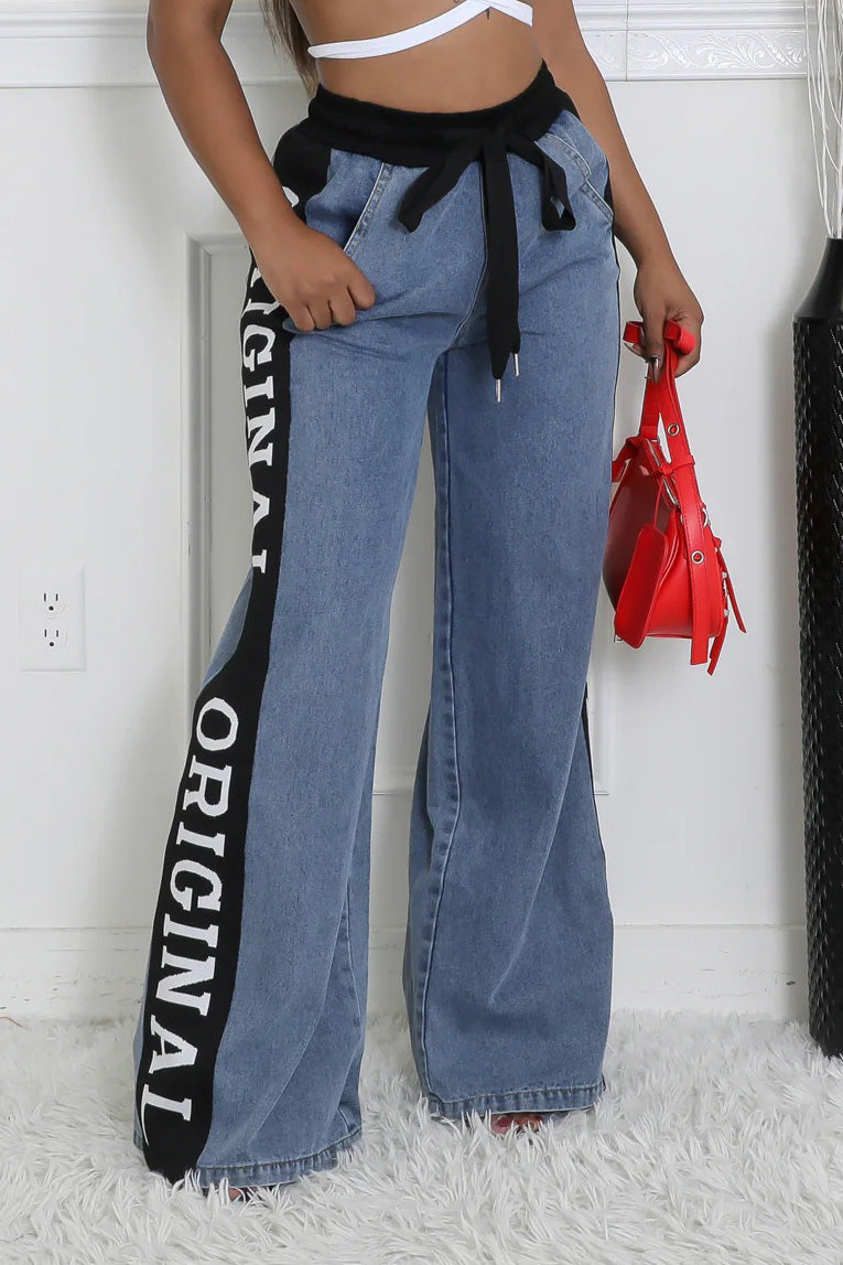 High-waisted Braided belt splicing sides wide leg jeans