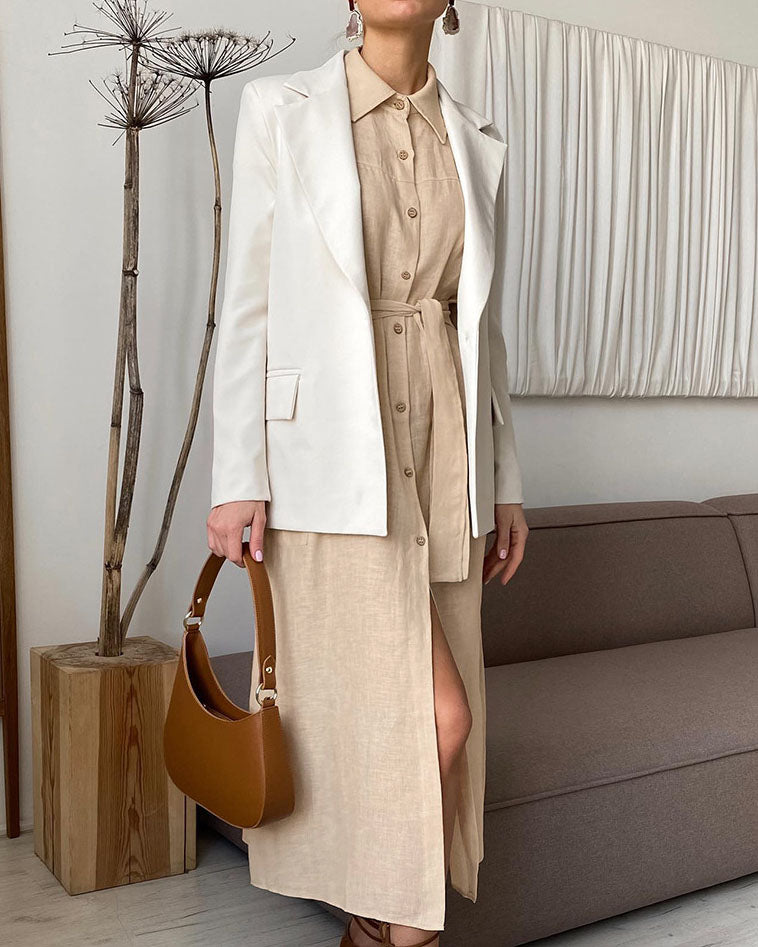 Robe col chemise taille haute en coton et lin avec lien à nouer