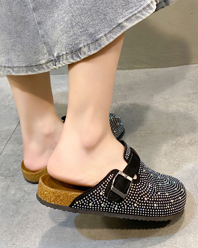 Verzierte Strass-Slipper aus Kork mit geschlossener Spitze