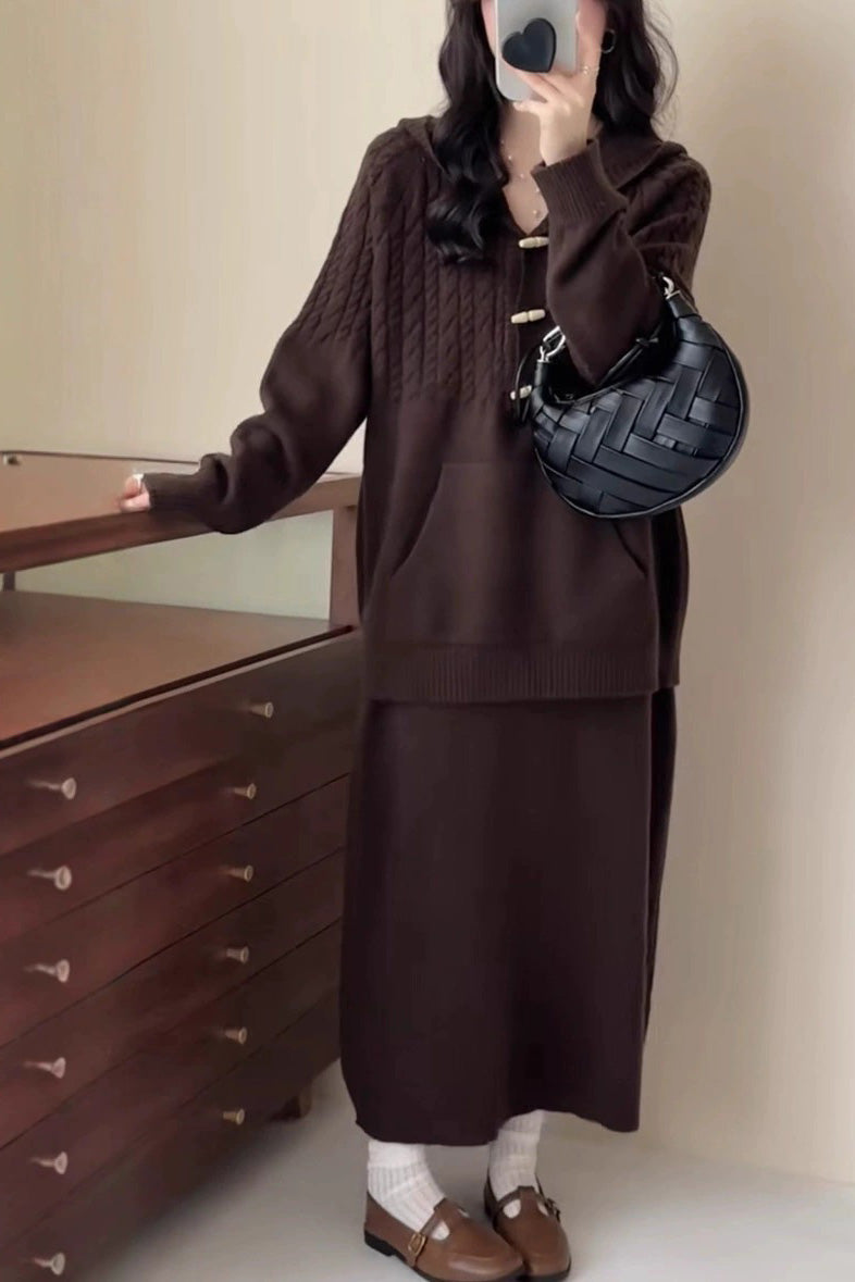 Slouchy loose cable knit hooded top and skirt two-piece set